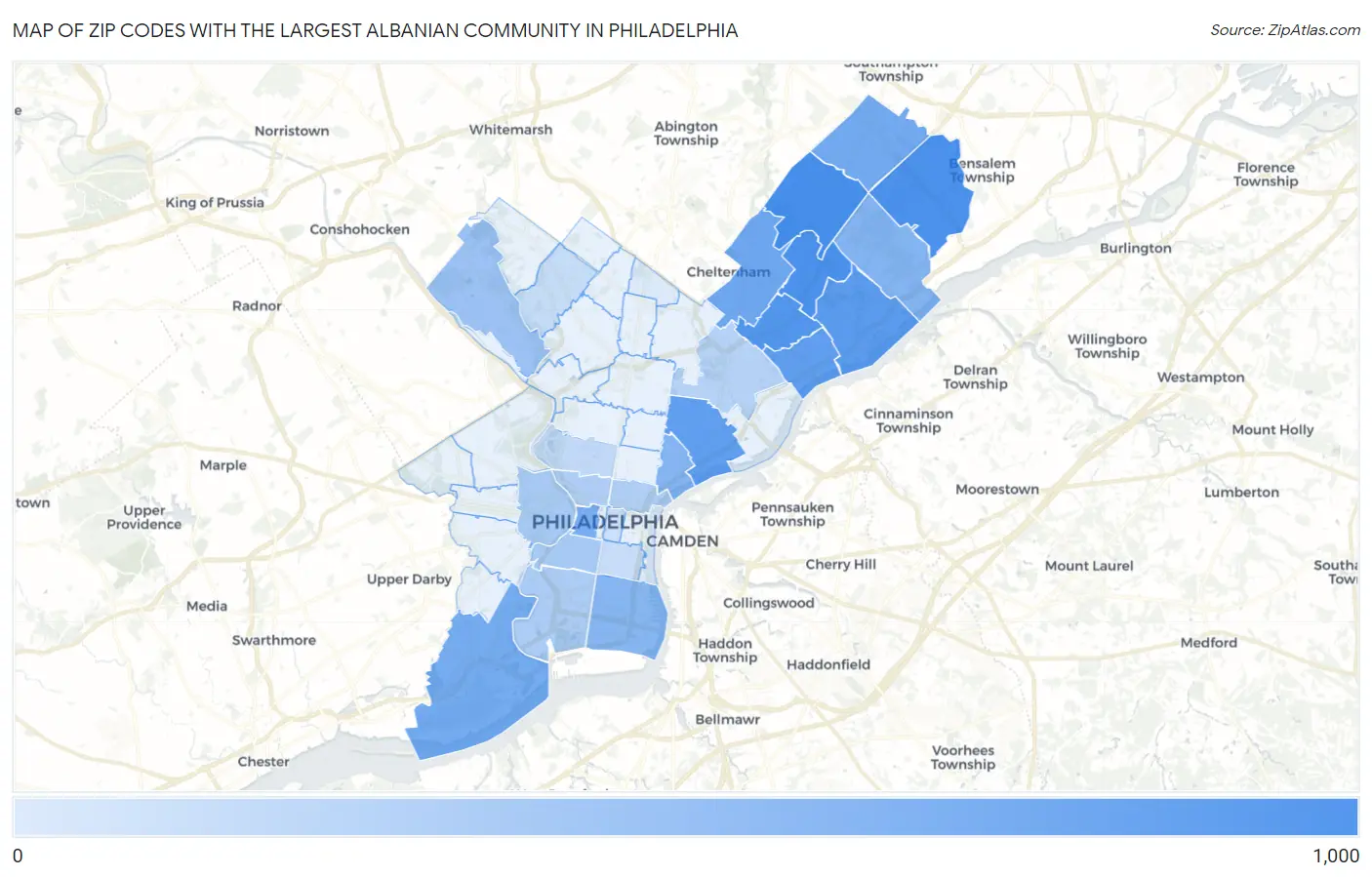 Zip Codes with the Largest Albanian Community in Philadelphia Map