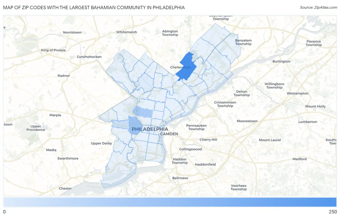 Zip Codes with the Largest Bahamian Community in Philadelphia Map