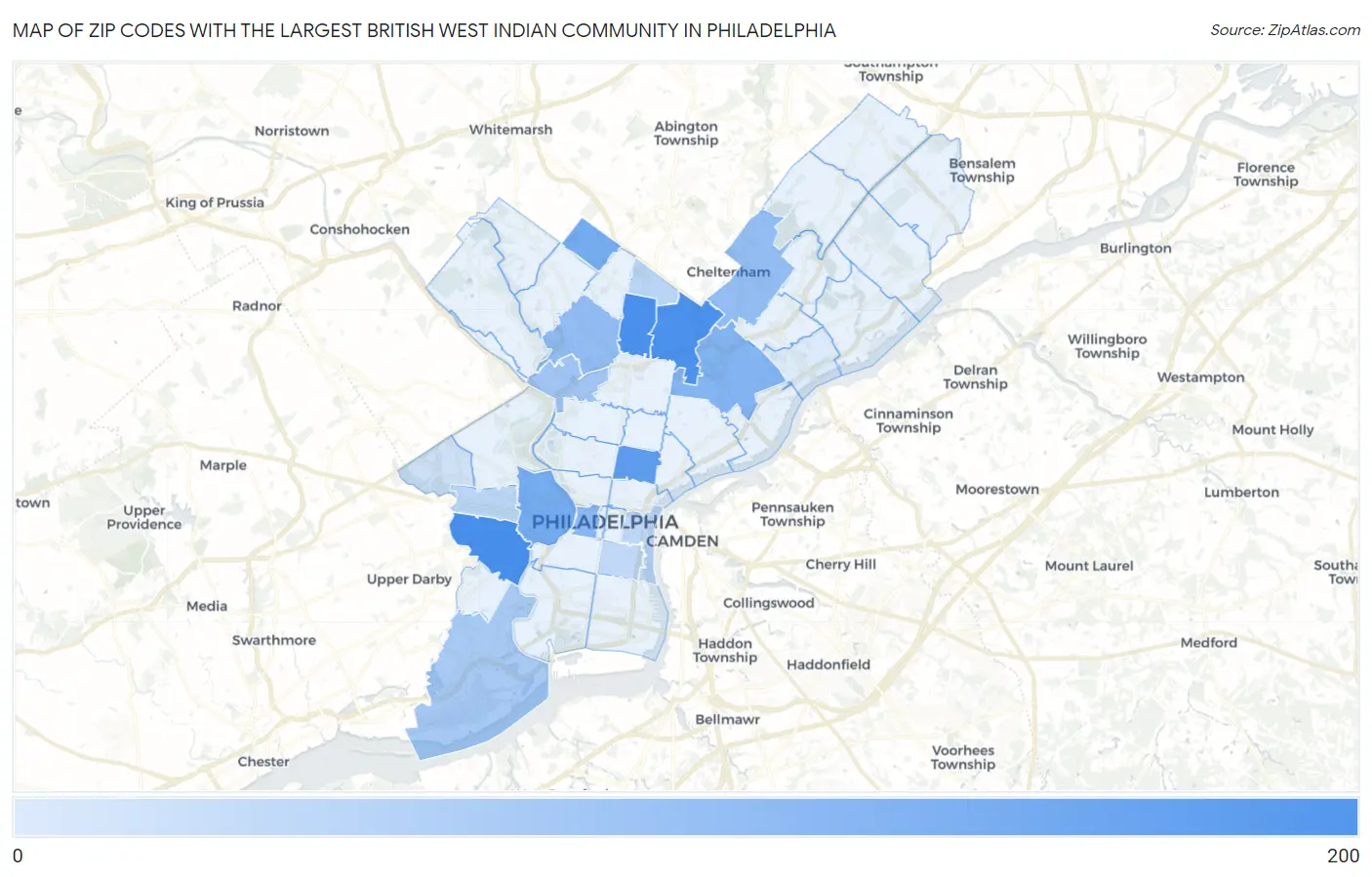 Zip Codes with the Largest British West Indian Community in Philadelphia Map