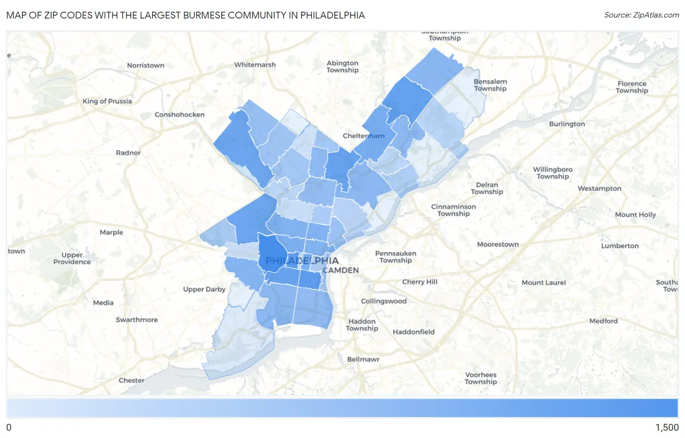 Zip Codes with the Largest Burmese Community in Philadelphia Map