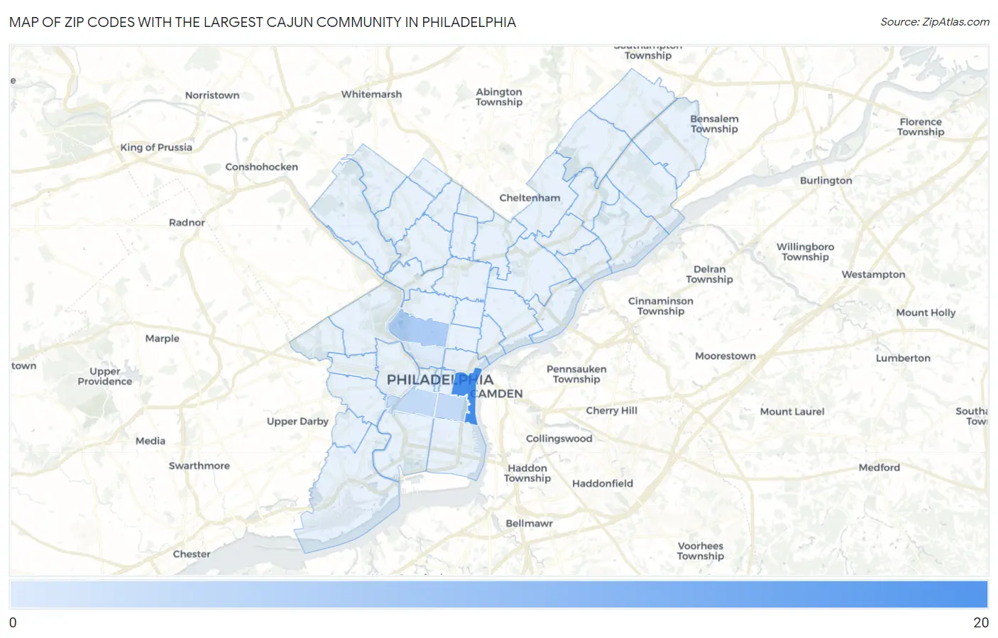 Zip Codes with the Largest Cajun Community in Philadelphia Map