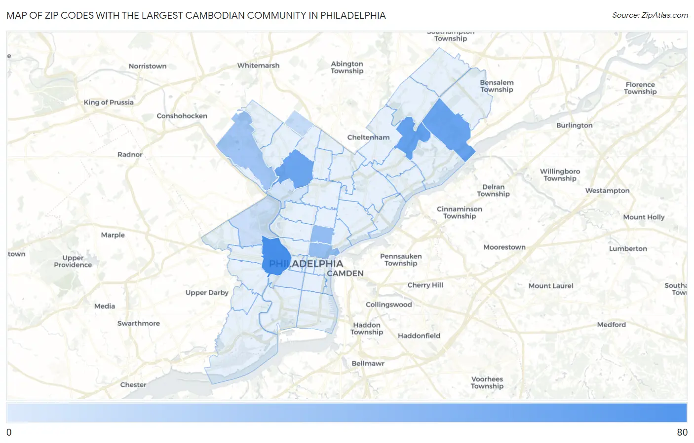 Zip Codes with the Largest Cambodian Community in Philadelphia Map