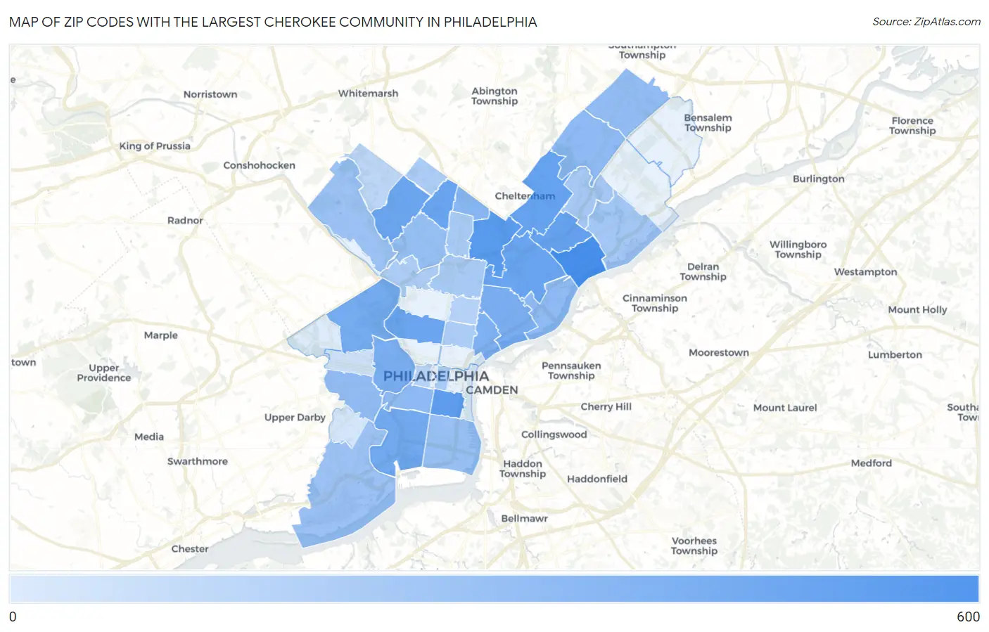 Zip Codes with the Largest Cherokee Community in Philadelphia Map