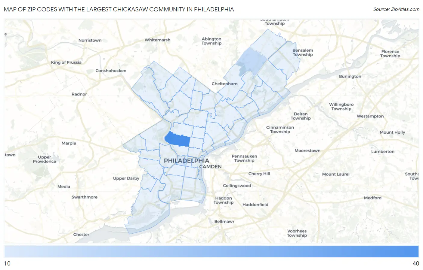 Zip Codes with the Largest Chickasaw Community in Philadelphia Map