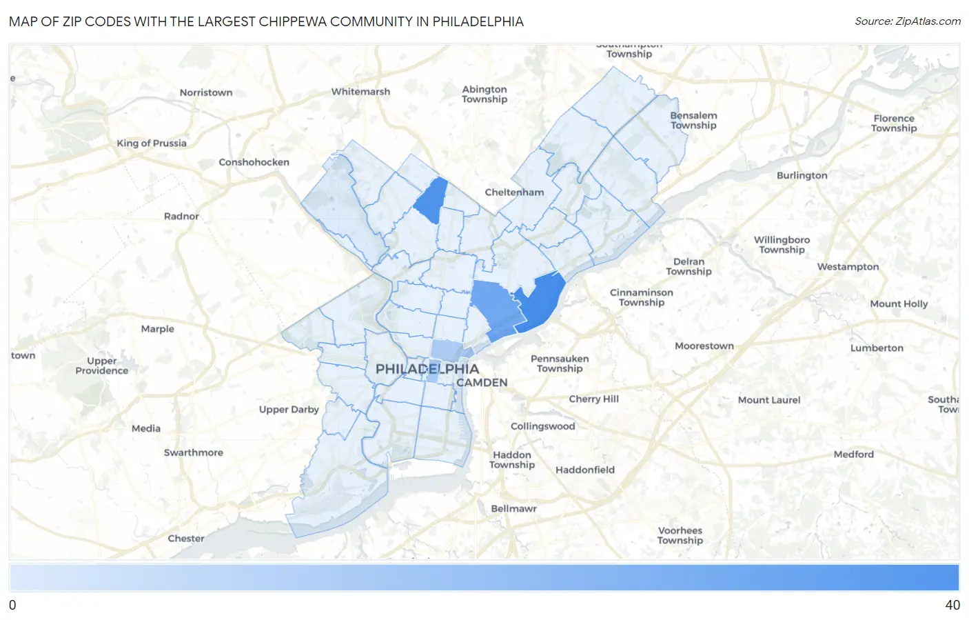 Zip Codes with the Largest Chippewa Community in Philadelphia Map