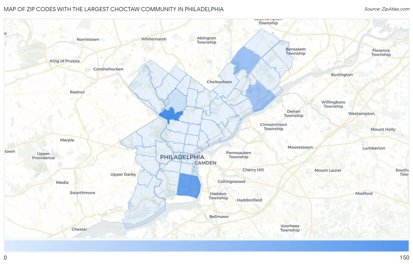 Zip Codes with the Largest Choctaw Community in Philadelphia Map