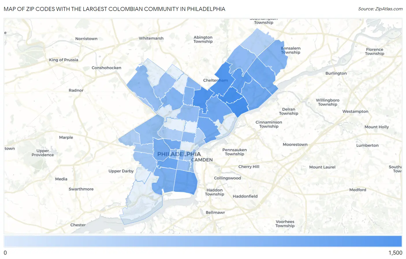 Zip Codes with the Largest Colombian Community in Philadelphia Map