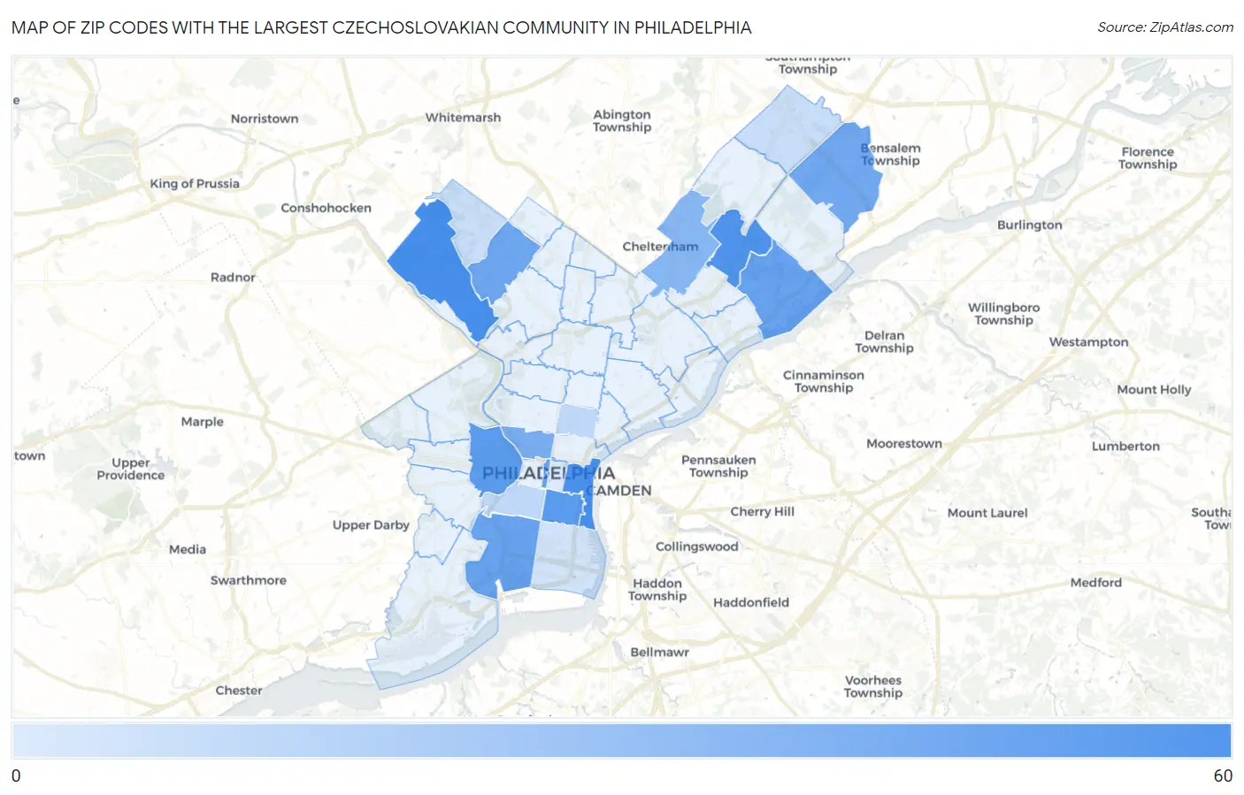 Zip Codes with the Largest Czechoslovakian Community in Philadelphia Map