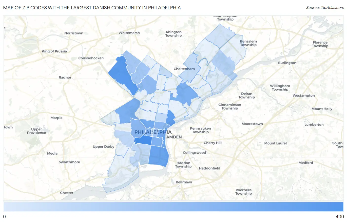 Zip Codes with the Largest Danish Community in Philadelphia Map