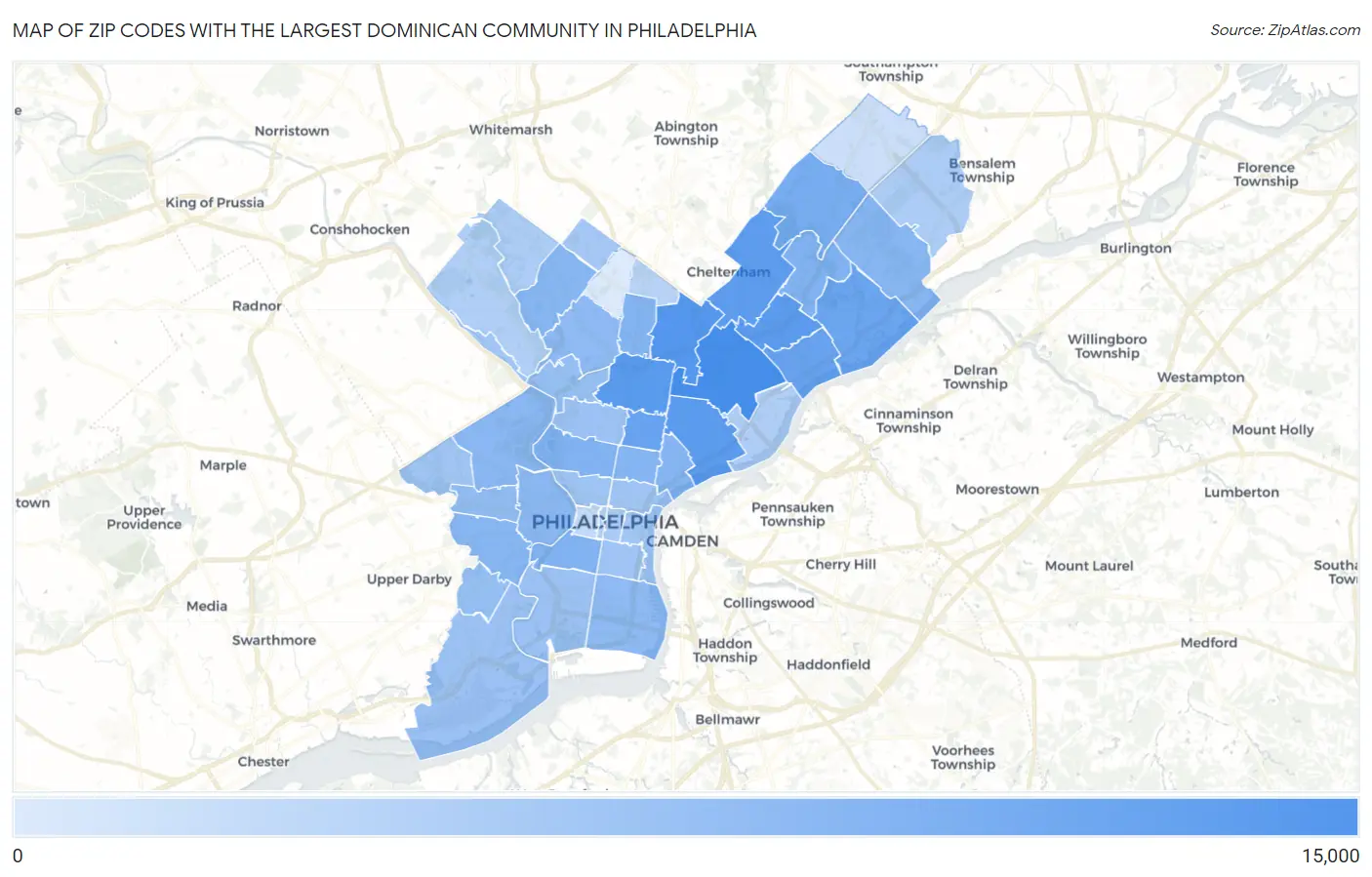 Zip Codes with the Largest Dominican Community in Philadelphia Map