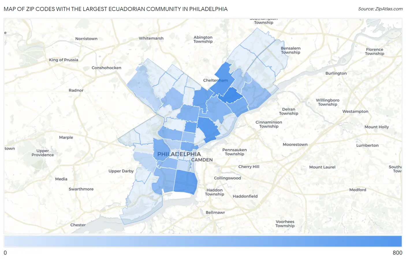 Zip Codes with the Largest Ecuadorian Community in Philadelphia Map