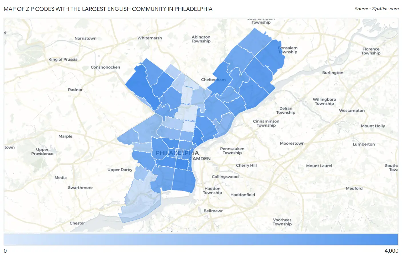 Zip Codes with the Largest English Community in Philadelphia Map