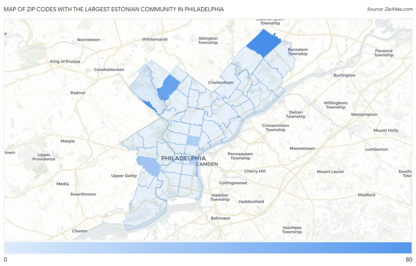 Zip Codes with the Largest Estonian Community in Philadelphia Map
