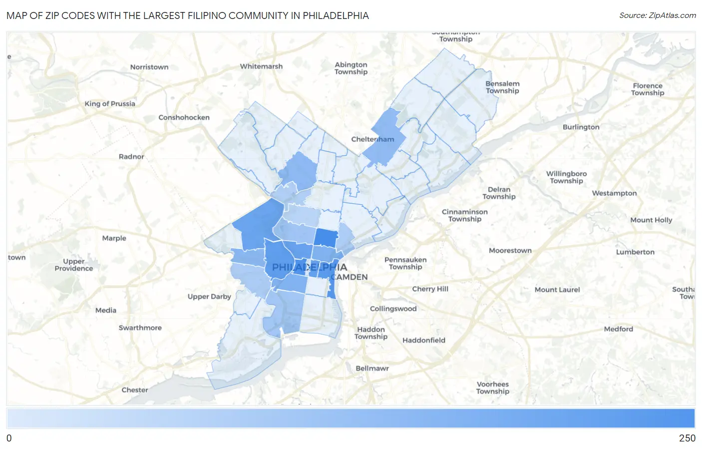 Zip Codes with the Largest Filipino Community in Philadelphia Map