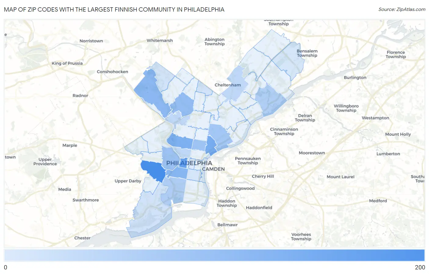 Zip Codes with the Largest Finnish Community in Philadelphia Map
