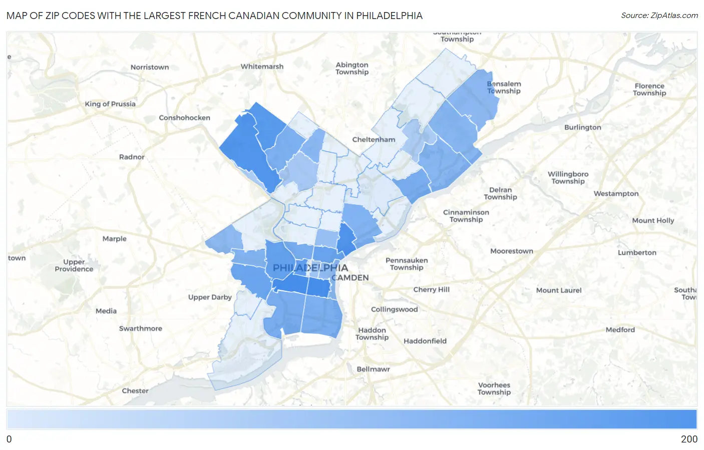 Zip Codes with the Largest French Canadian Community in Philadelphia Map