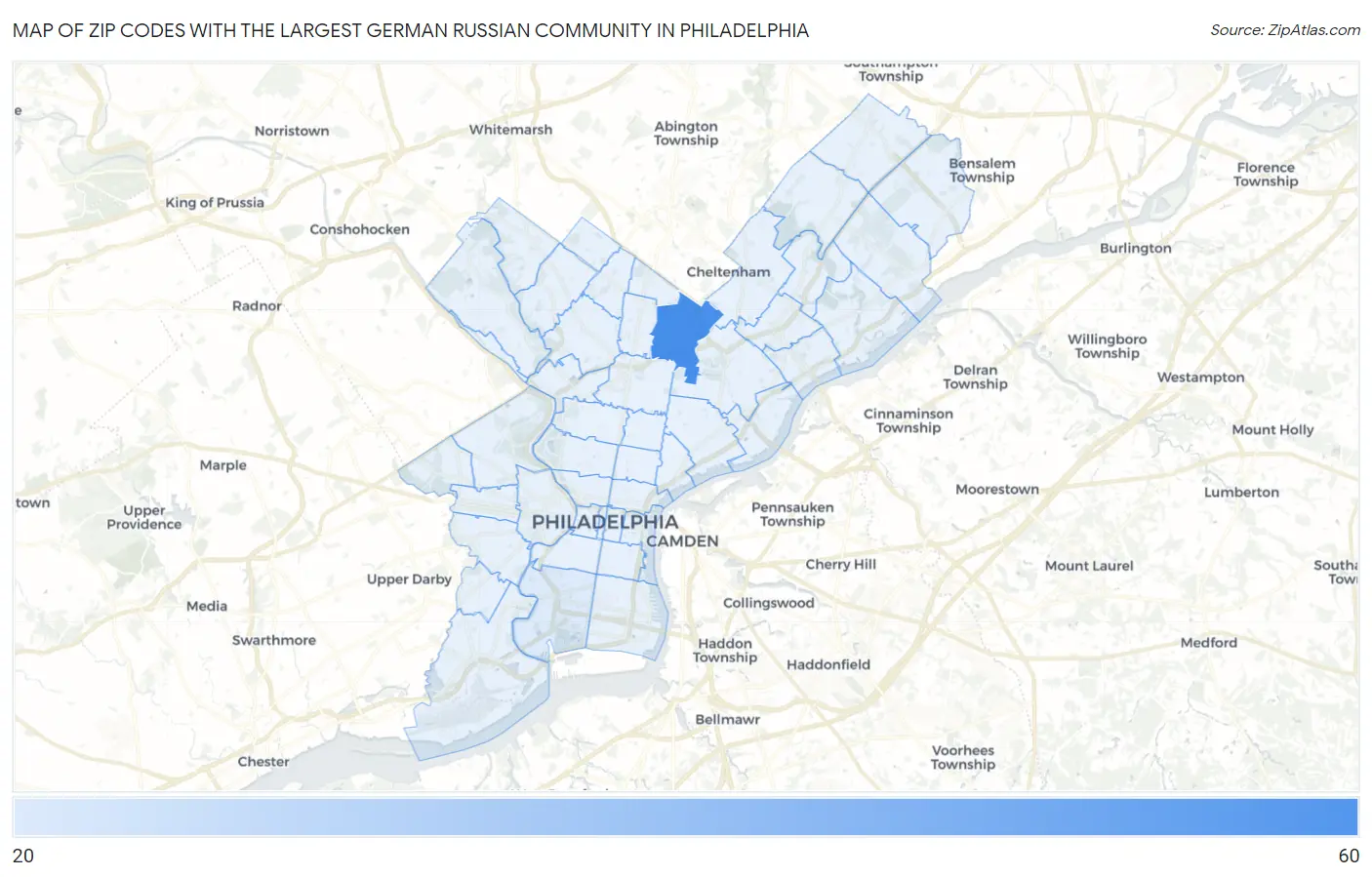 Zip Codes with the Largest German Russian Community in Philadelphia Map