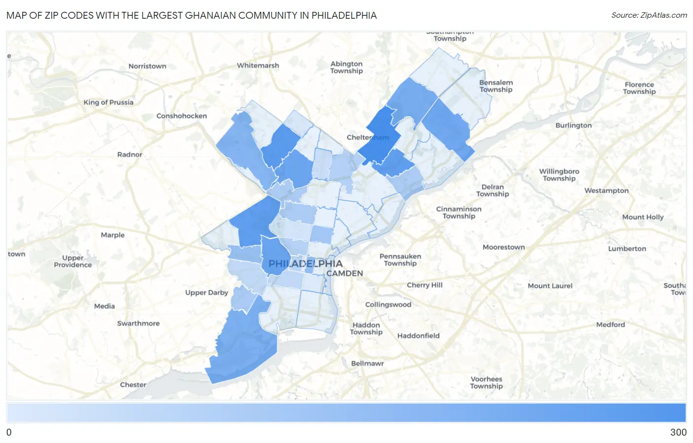 Zip Codes with the Largest Ghanaian Community in Philadelphia Map