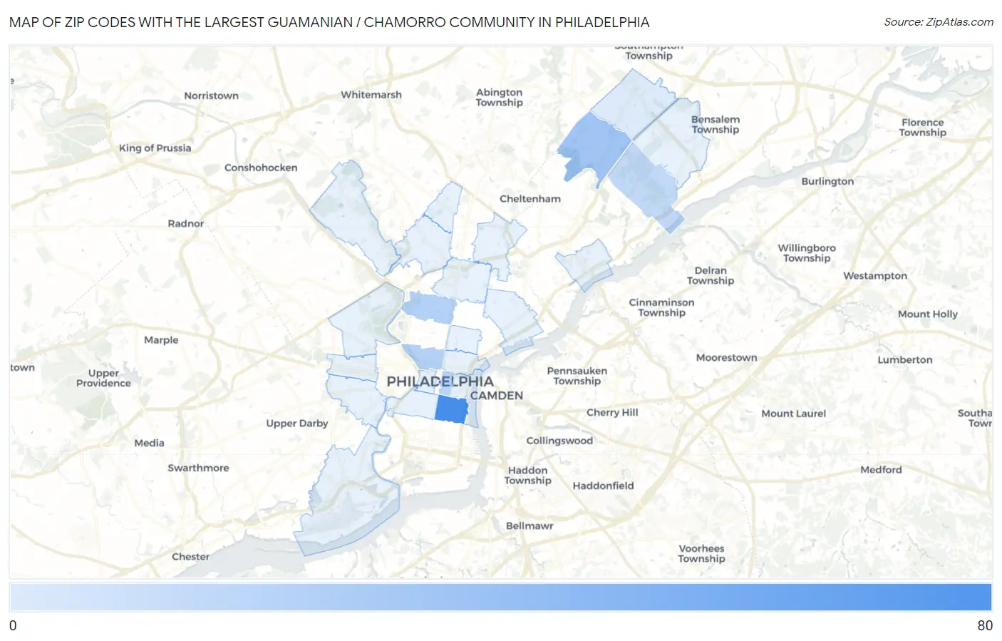 Zip Codes with the Largest Guamanian / Chamorro Community in Philadelphia Map