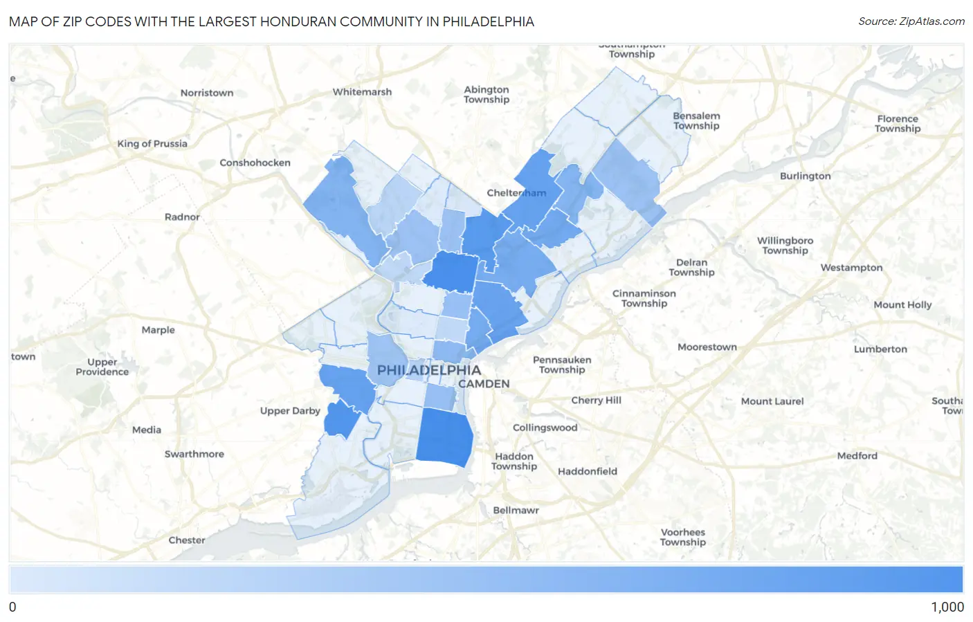 Zip Codes with the Largest Honduran Community in Philadelphia Map