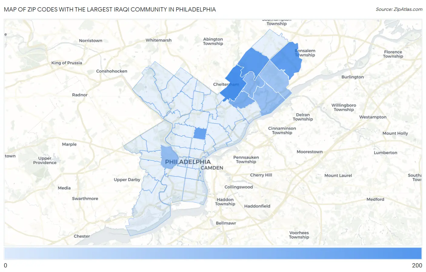 Zip Codes with the Largest Iraqi Community in Philadelphia Map