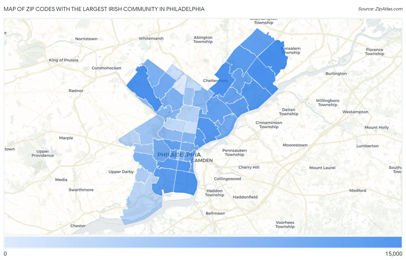 Zip Codes with the Largest Irish Community in Philadelphia Map