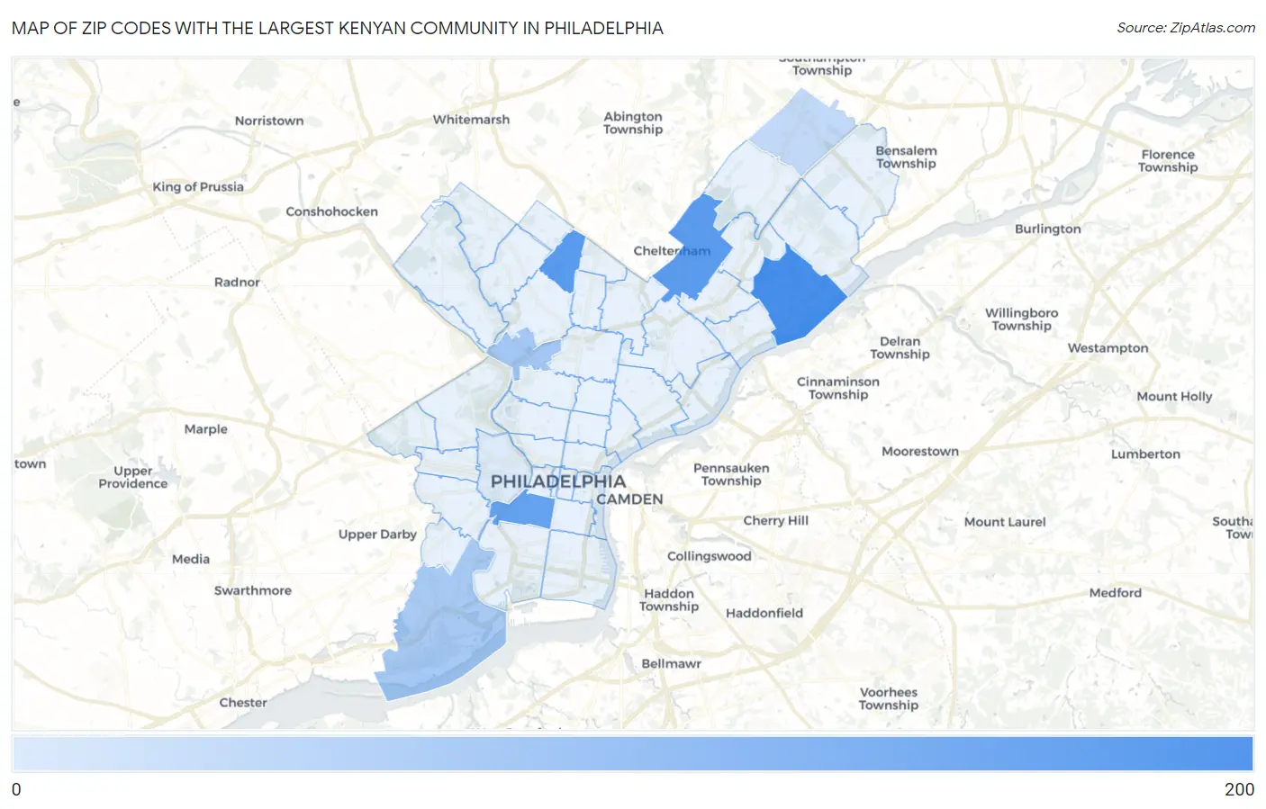 Zip Codes with the Largest Kenyan Community in Philadelphia Map
