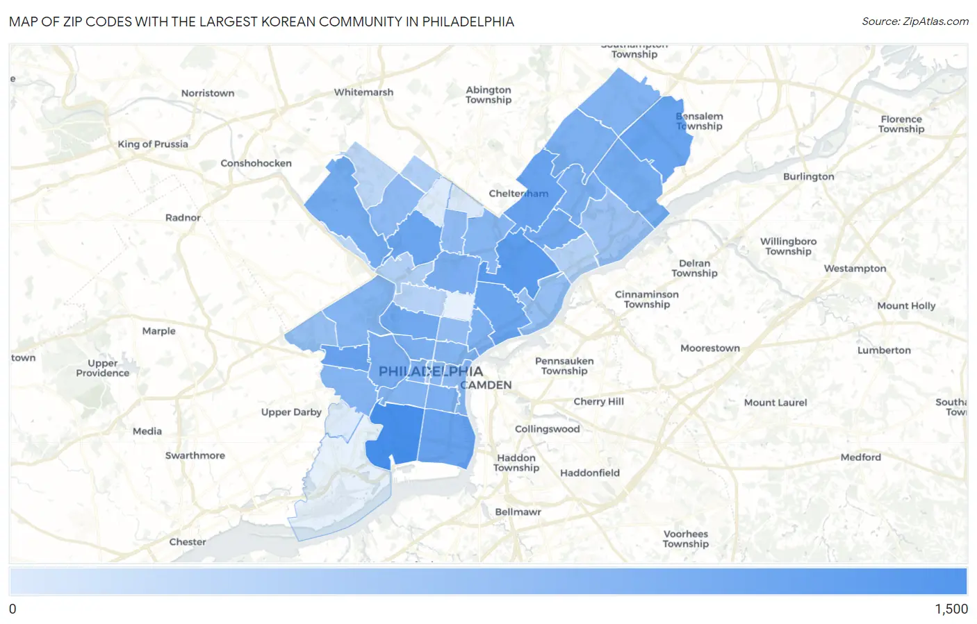 Zip Codes with the Largest Korean Community in Philadelphia Map
