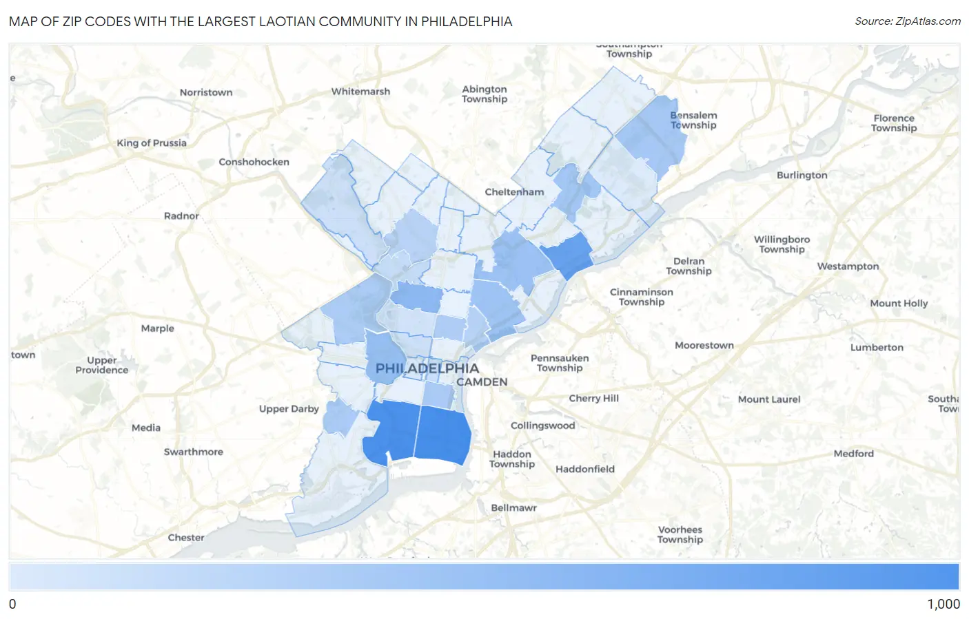 Zip Codes with the Largest Laotian Community in Philadelphia Map