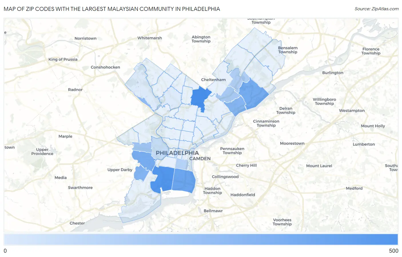 Zip Codes with the Largest Malaysian Community in Philadelphia Map