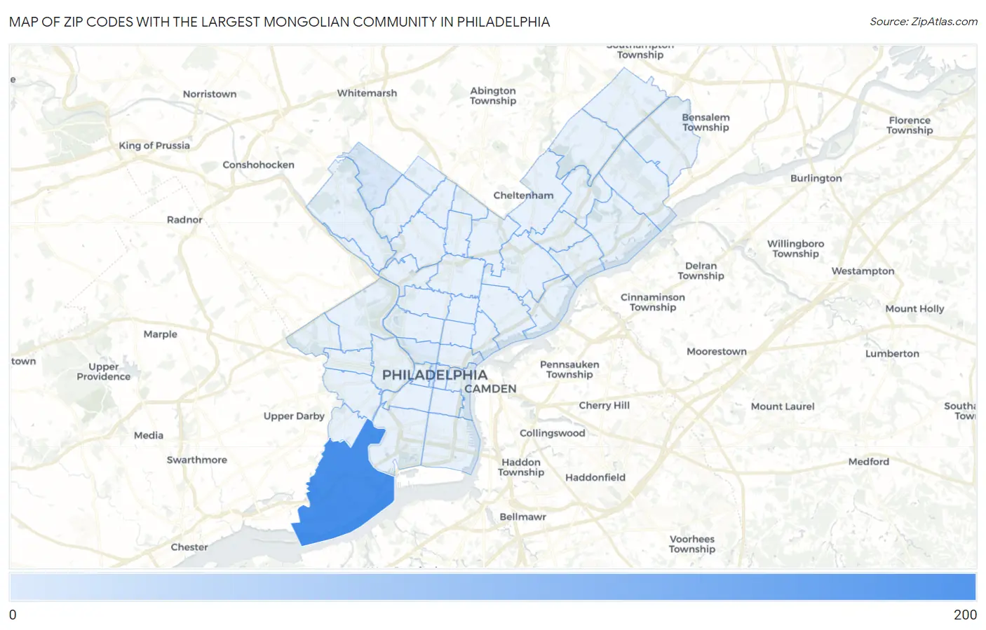 Zip Codes with the Largest Mongolian Community in Philadelphia Map