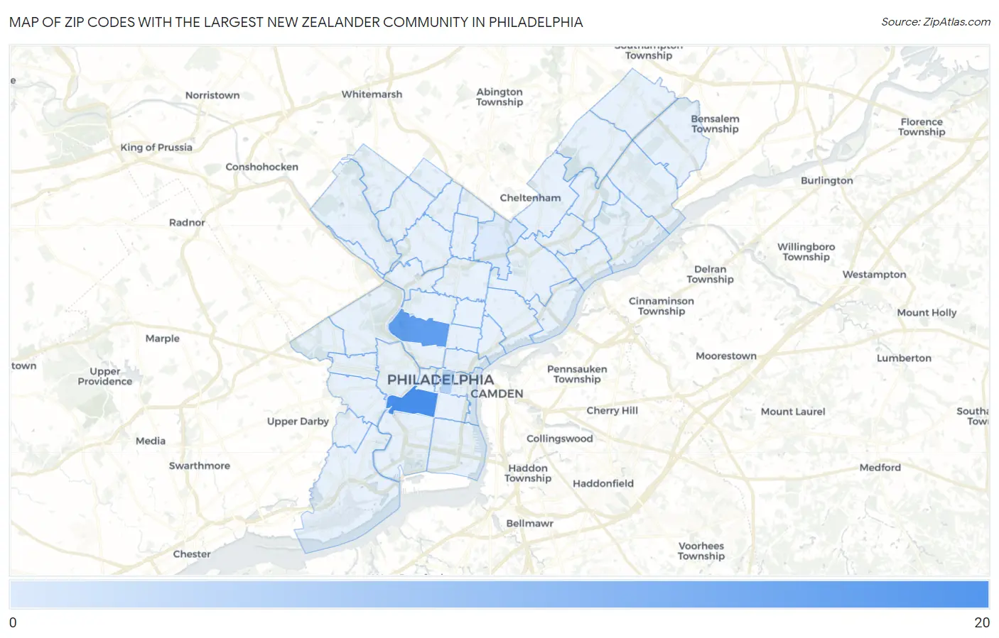 Zip Codes with the Largest New Zealander Community in Philadelphia Map