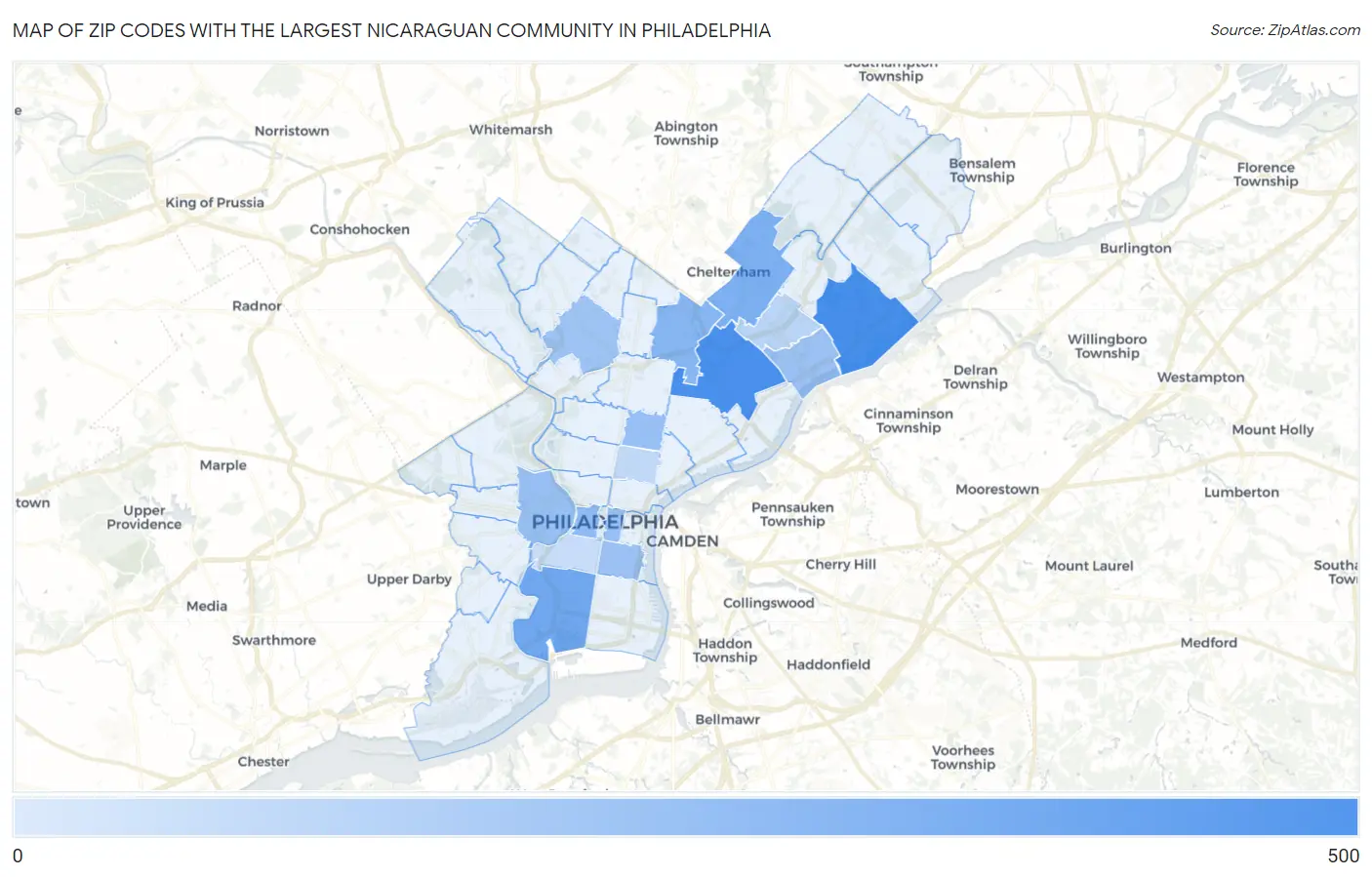 Zip Codes with the Largest Nicaraguan Community in Philadelphia Map