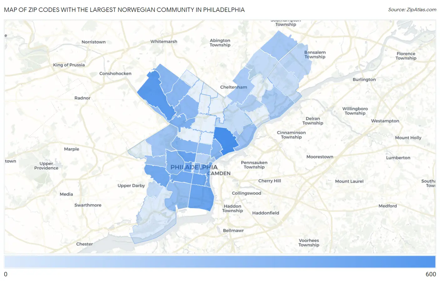 Zip Codes with the Largest Norwegian Community in Philadelphia Map