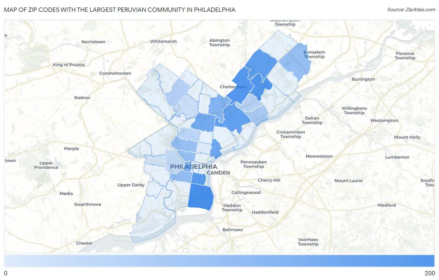 Zip Codes with the Largest Peruvian Community in Philadelphia Map
