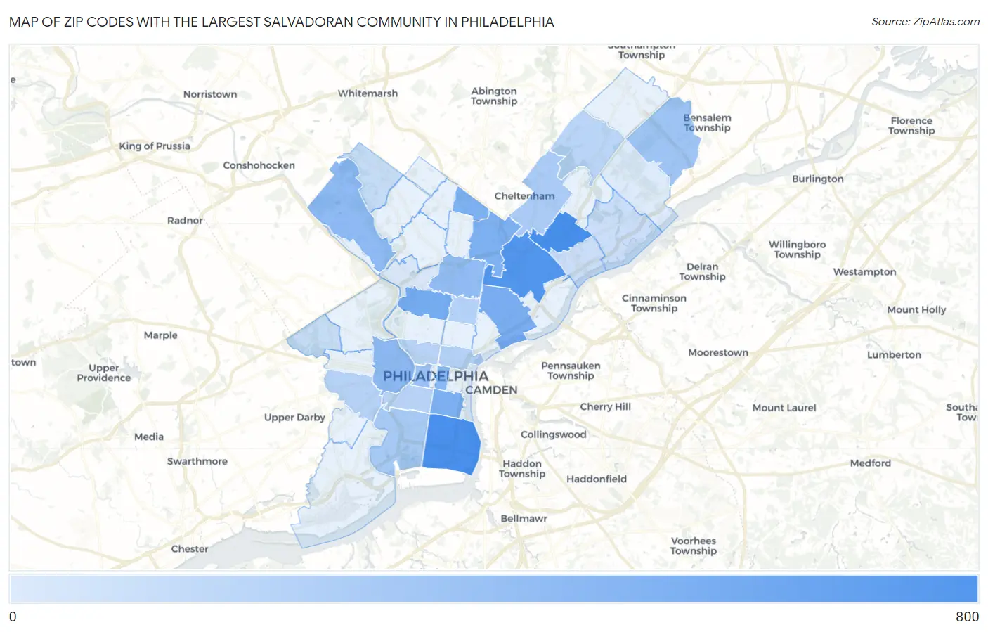 Zip Codes with the Largest Salvadoran Community in Philadelphia Map