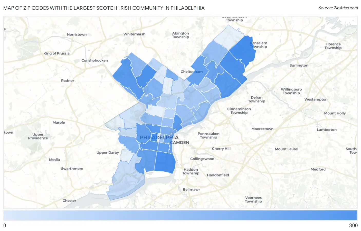 Zip Codes with the Largest Scotch-Irish Community in Philadelphia Map