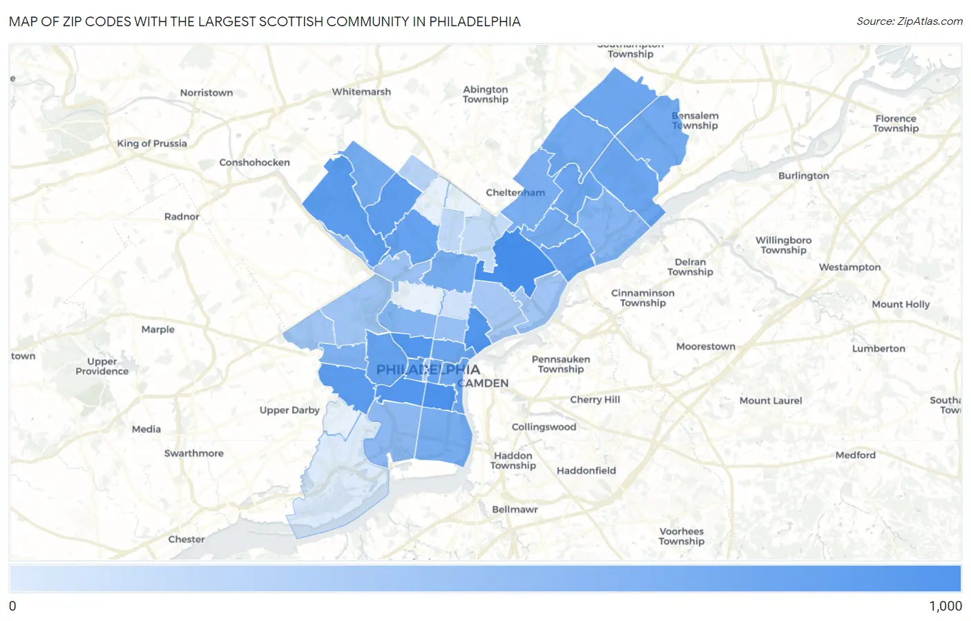 Zip Codes with the Largest Scottish Community in Philadelphia Map