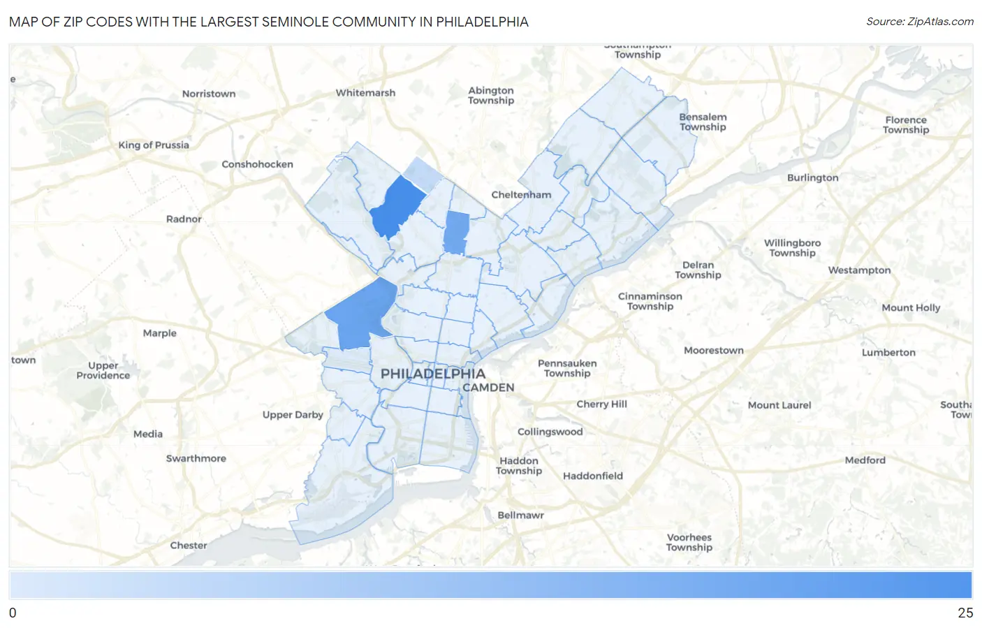Zip Codes with the Largest Seminole Community in Philadelphia Map