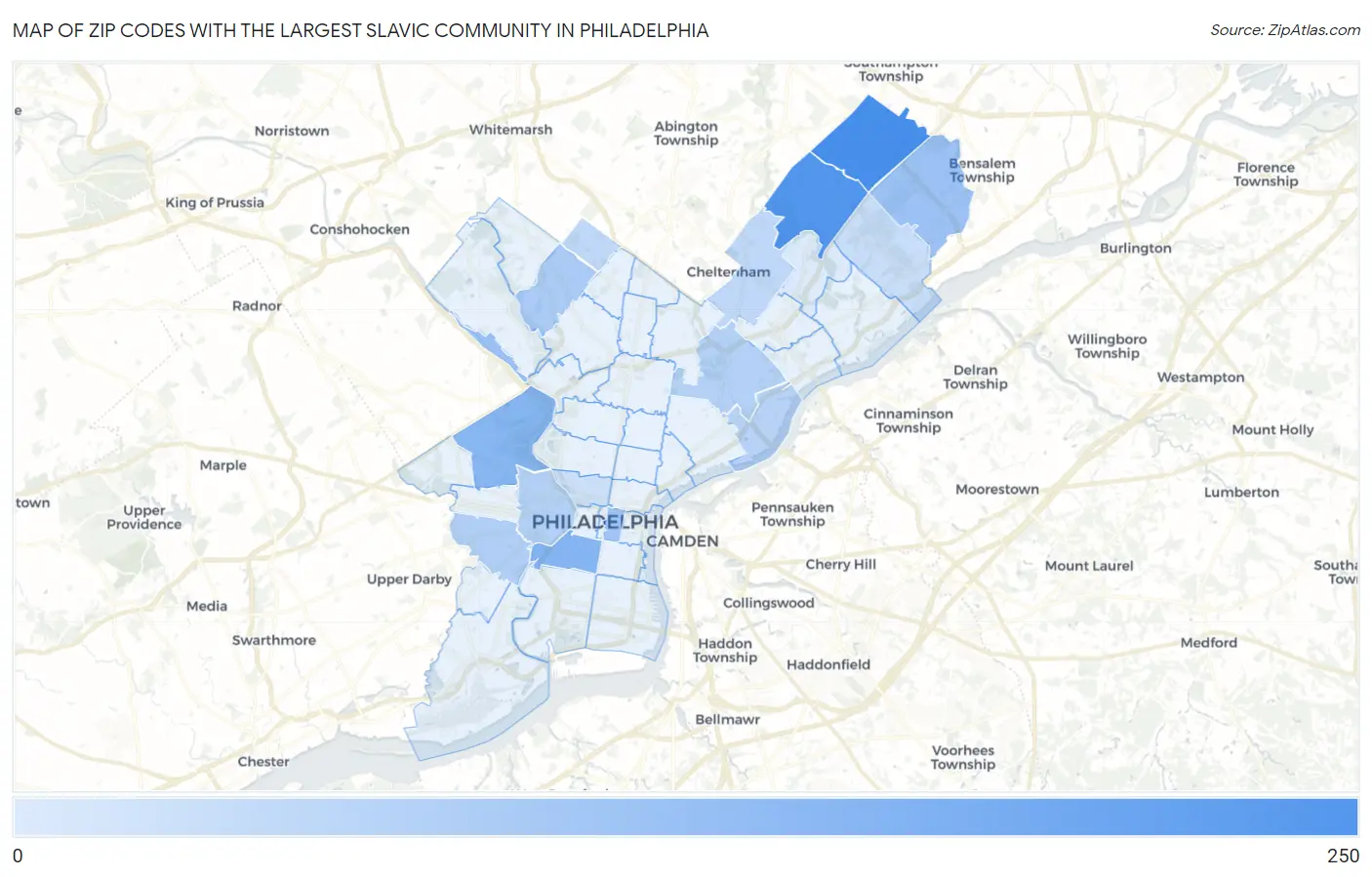 Zip Codes with the Largest Slavic Community in Philadelphia Map
