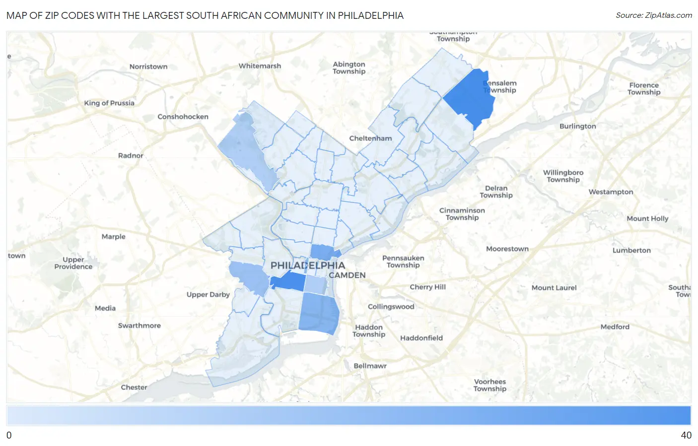 Zip Codes with the Largest South African Community in Philadelphia Map