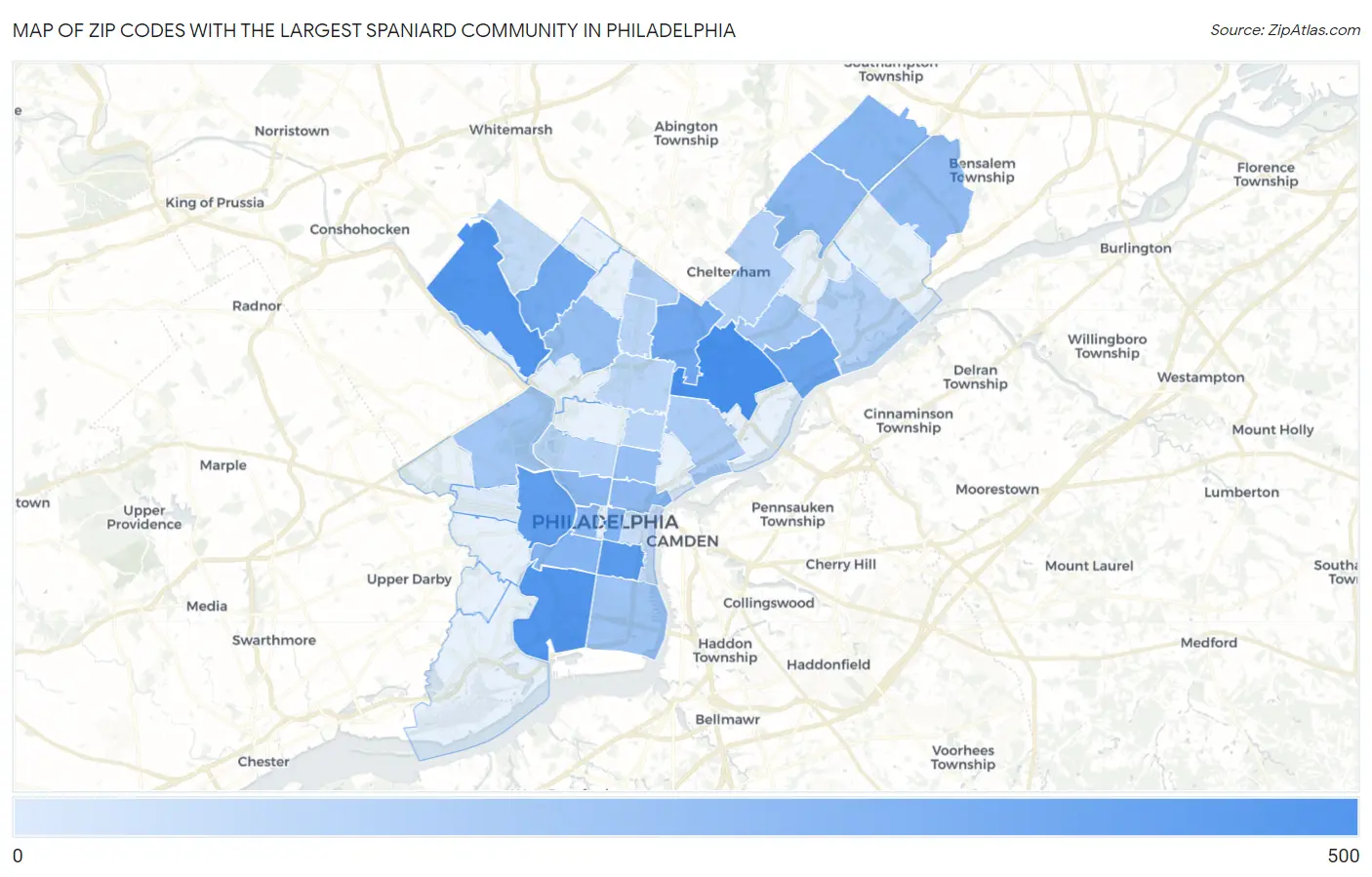 Zip Codes with the Largest Spaniard Community in Philadelphia Map