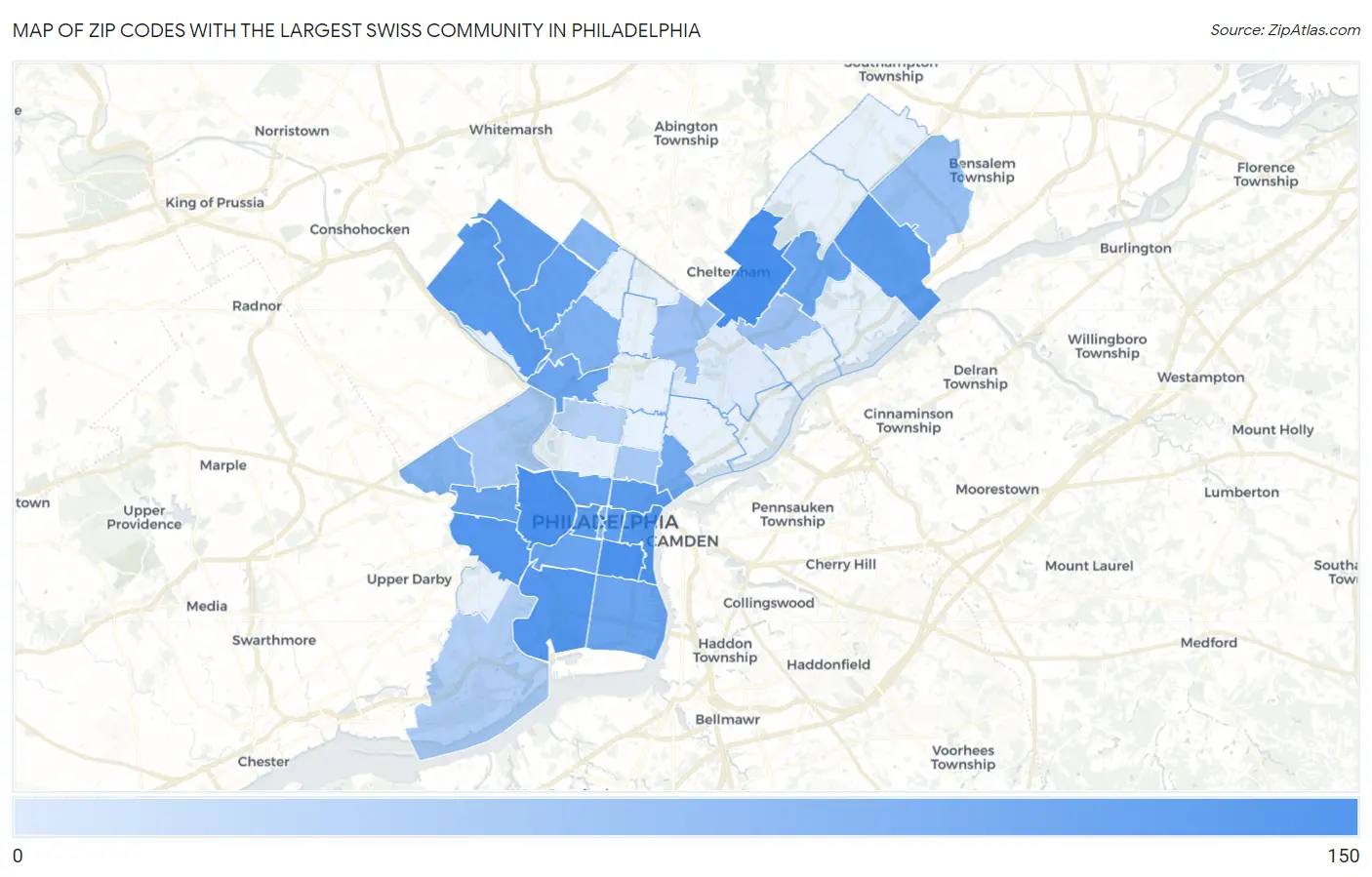 Zip Codes with the Largest Swiss Community in Philadelphia Map