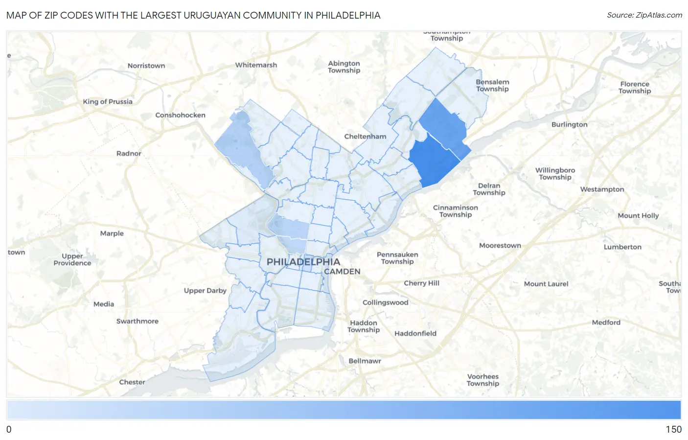 Zip Codes with the Largest Uruguayan Community in Philadelphia Map