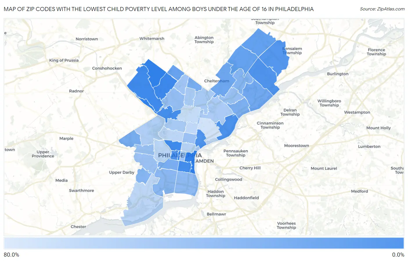 Zip Codes with the Lowest Child Poverty Level Among Boys Under the Age of 16 in Philadelphia Map