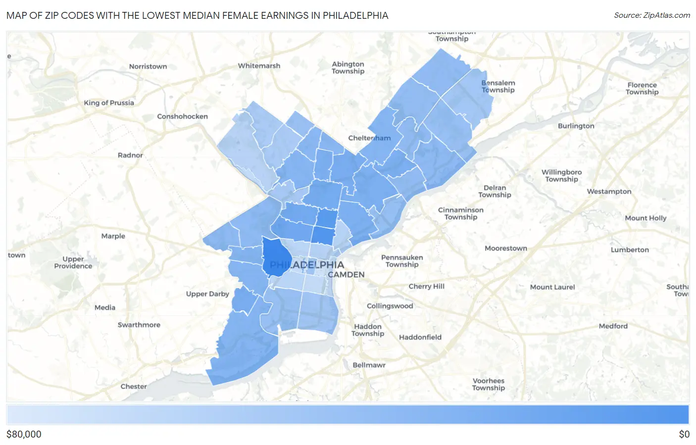 Zip Codes with the Lowest Median Female Earnings in Philadelphia Map
