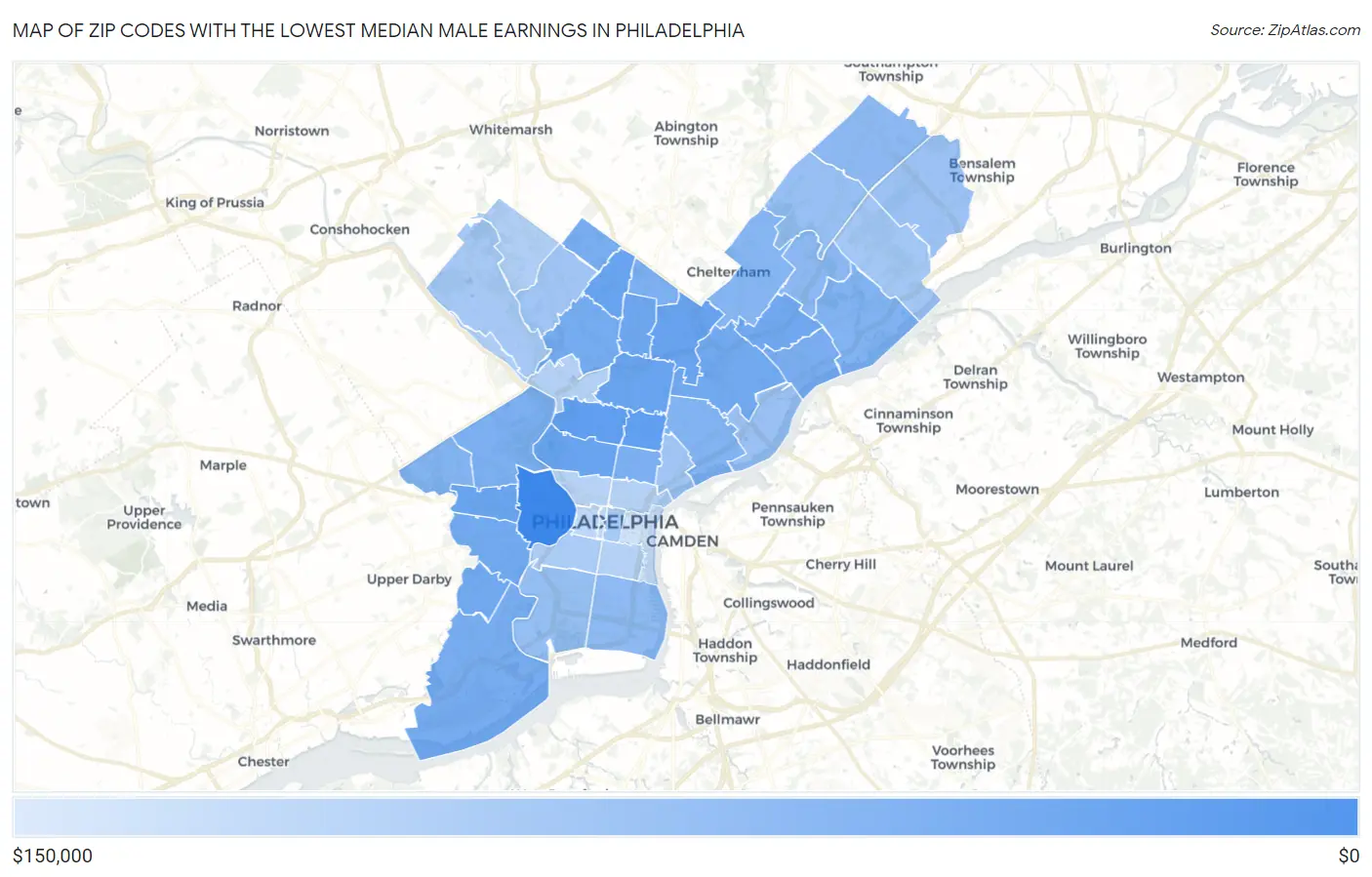 Zip Codes with the Lowest Median Male Earnings in Philadelphia Map