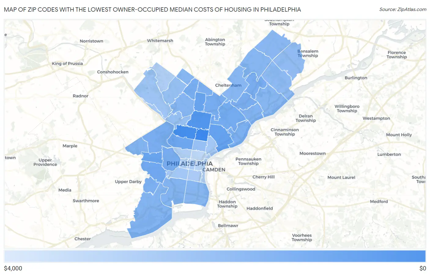 Zip Codes with the Lowest Owner-Occupied Median Costs of Housing in Philadelphia Map