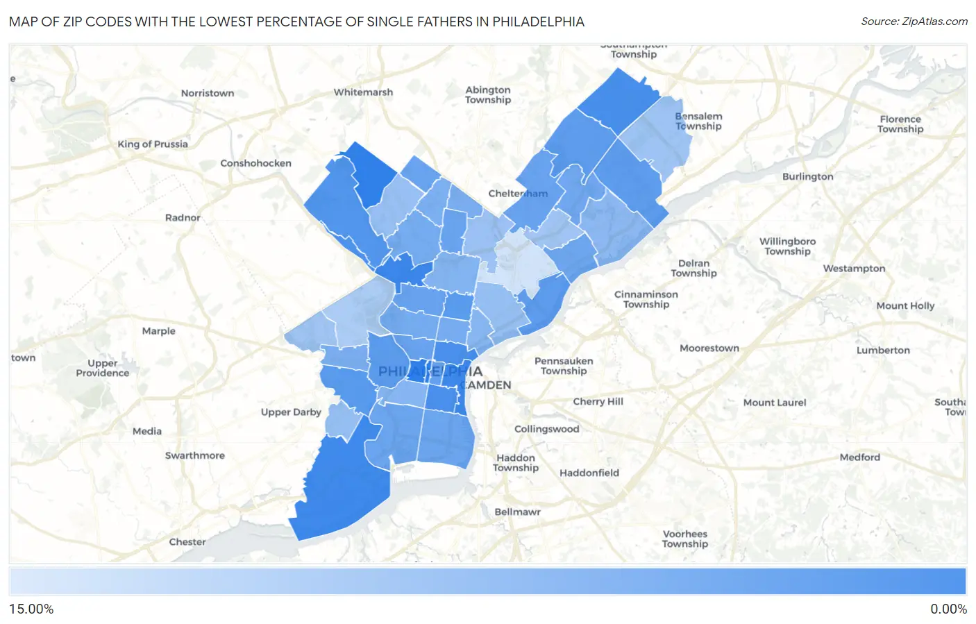 Zip Codes with the Lowest Percentage of Single Fathers in Philadelphia Map