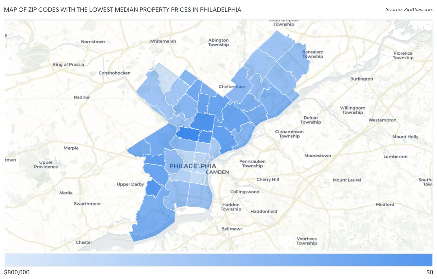 Zip Codes with the Lowest Median Property Prices in Philadelphia Map
